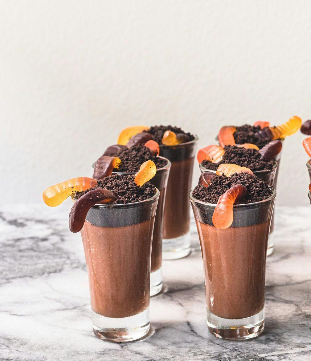 Organic Chocolate Dirt Pudding cups with gummy worms.