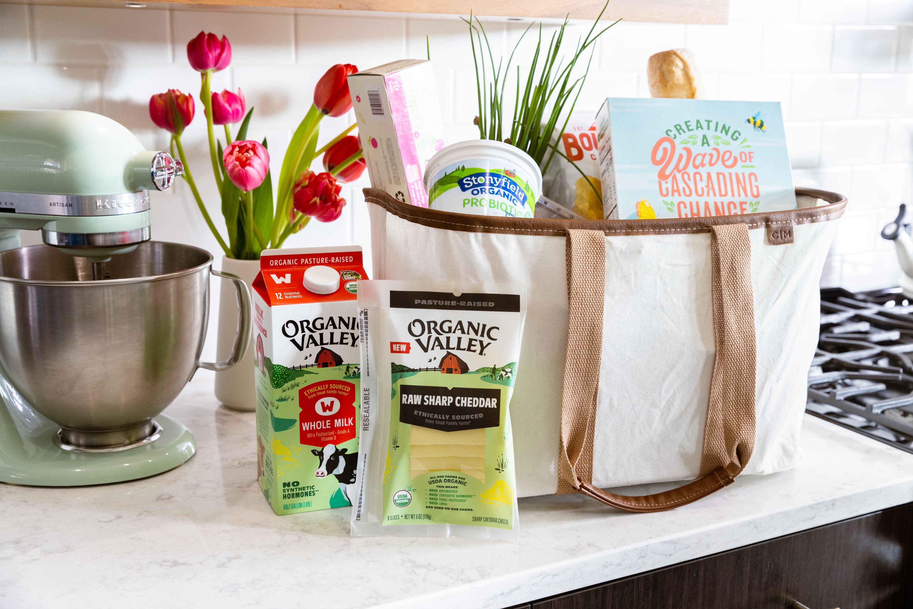 Organic Valley groceries on a countertop.