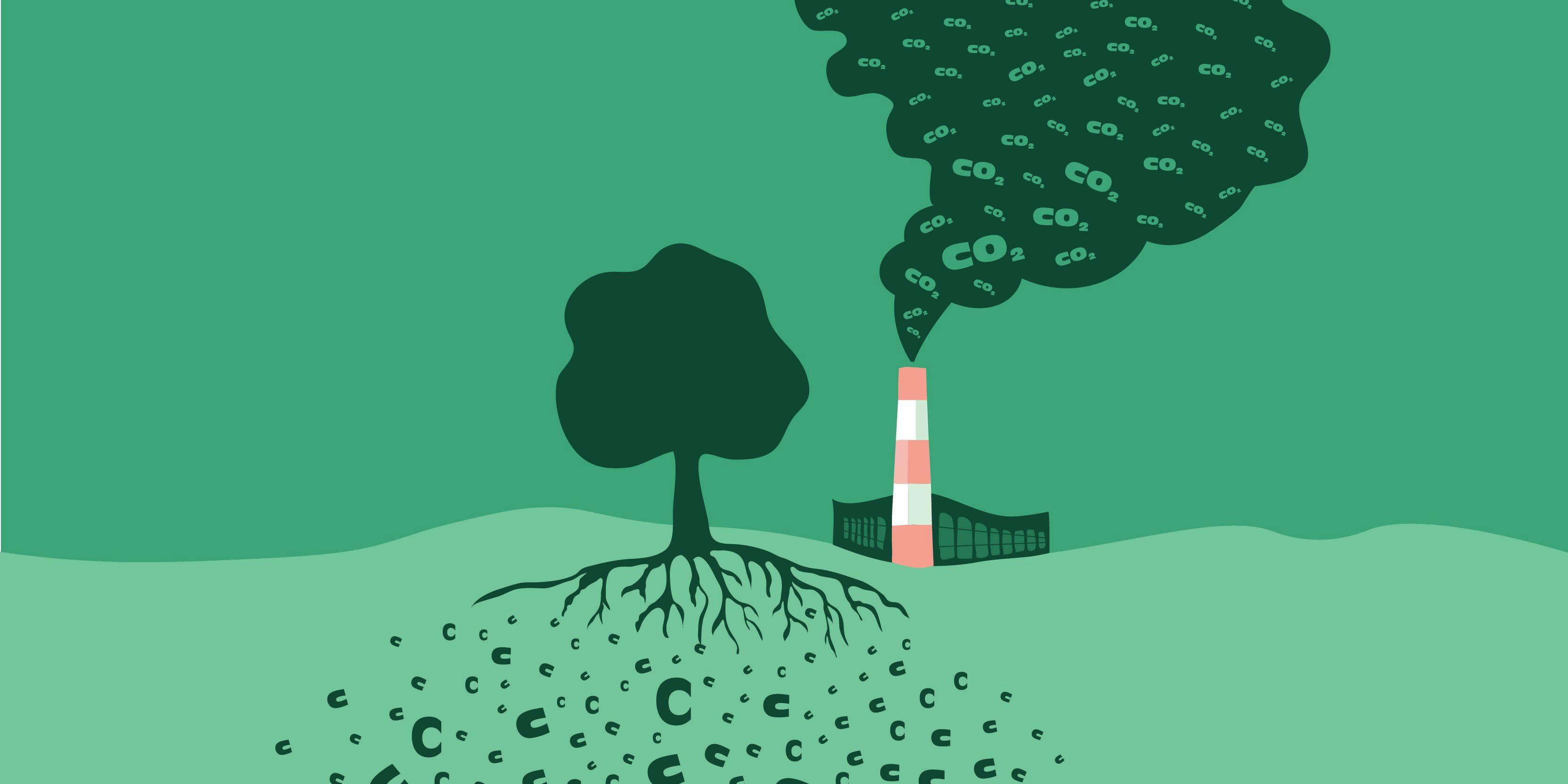A graphic of a tree and a smokestack.