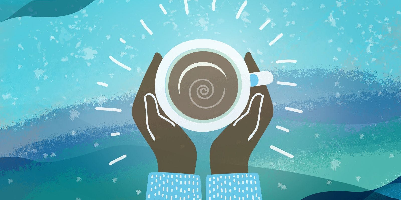 Illustration of hands cupping a warm mug of tea.