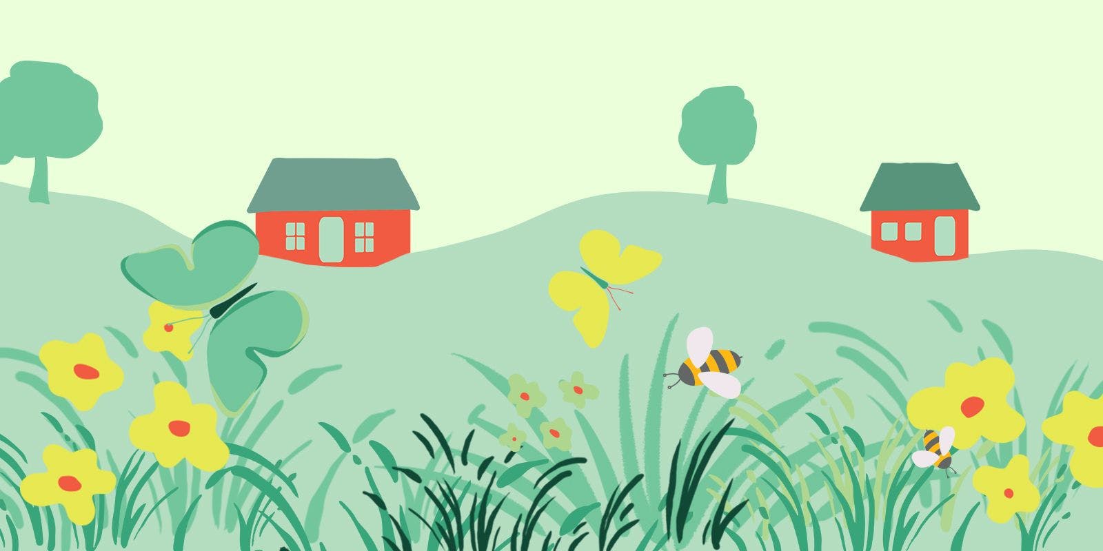Bees, butterflies, flowers, grass set before a barn, trees and house in a graphic.