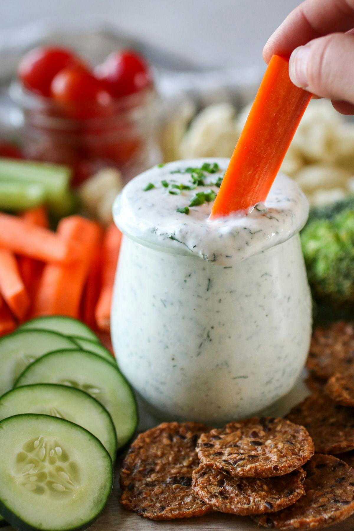 Organic Creamy Dill Dip with carrots and cucumber. 