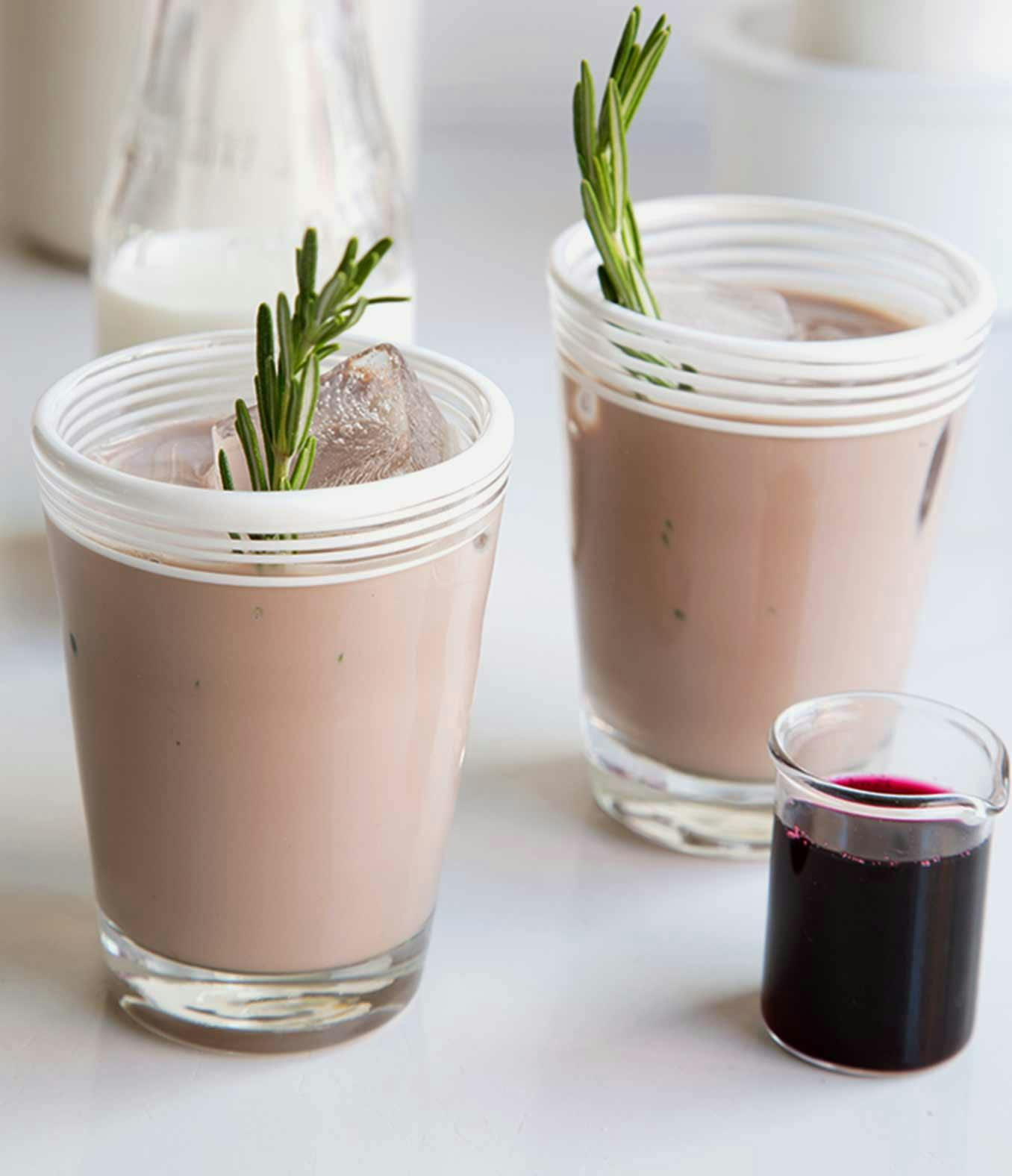 Blueberry Iced Coffees with a sprig of Rosemary in them. 