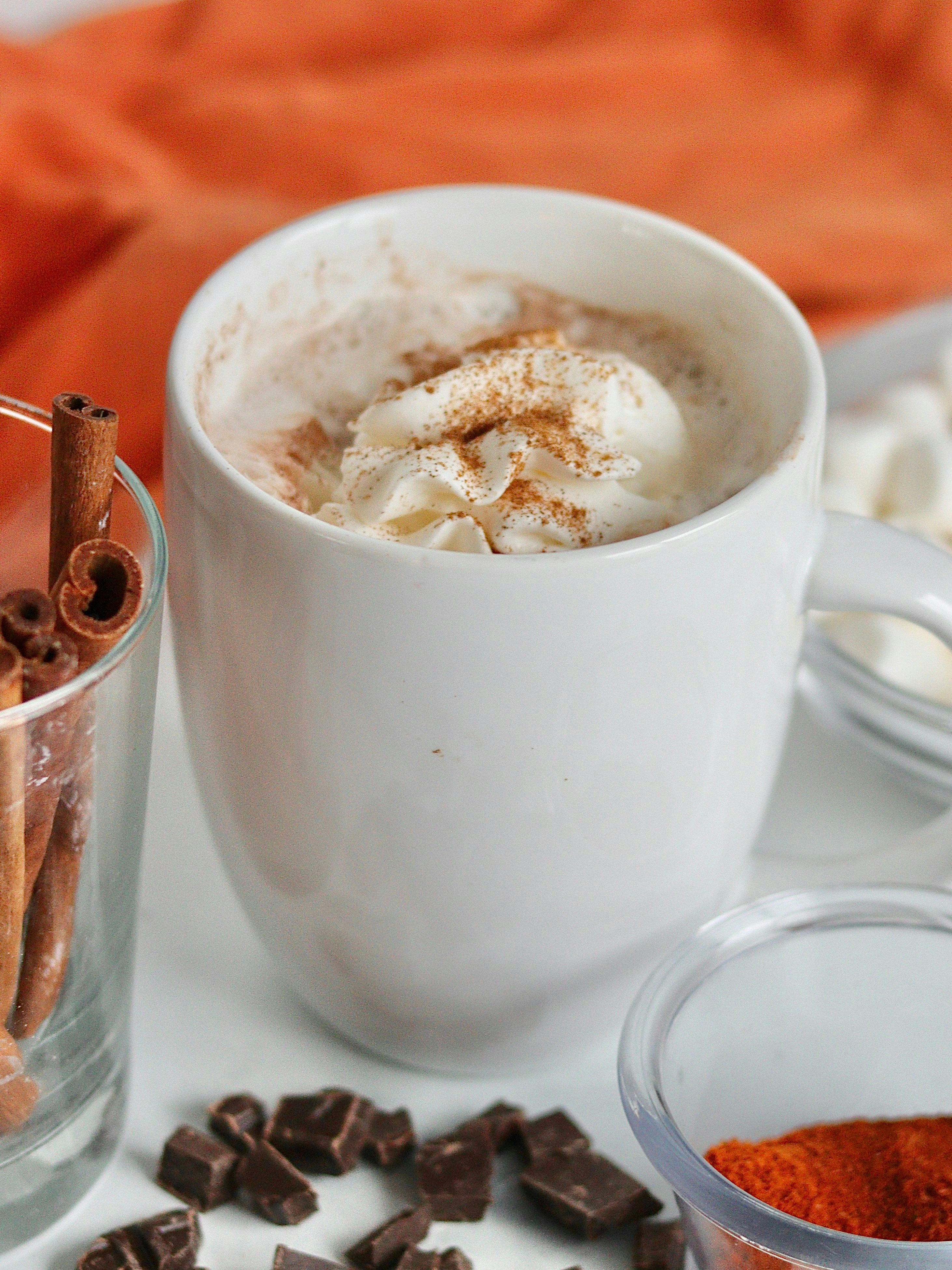 A cup of Mexican hot chocolate with cinnamon sticks and whipped cream.